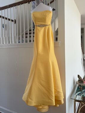 Sherri Hill Strapless Yellow Evening Gown with Beaded Waist